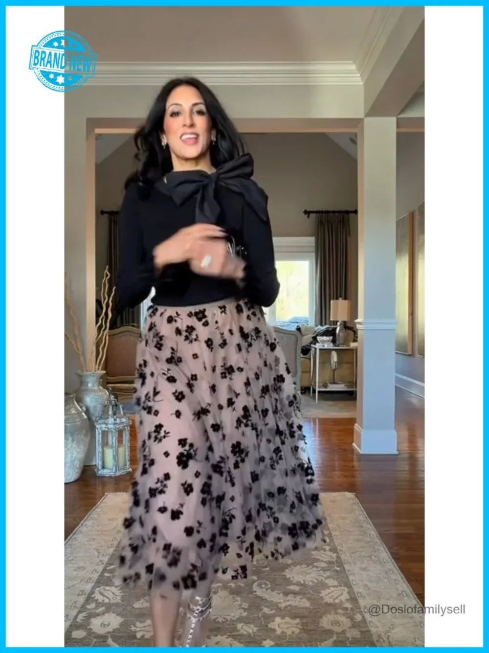 3D Posy Double-Layered Mesh Midi Skirt - Romantic Floral High Rise A-Line - Picture 7 of 7